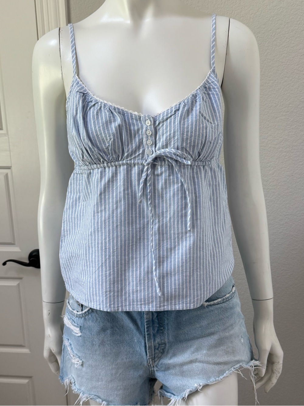 Brandy Melville - Striped Light Blue/White Tie-Front Cami Tank Top